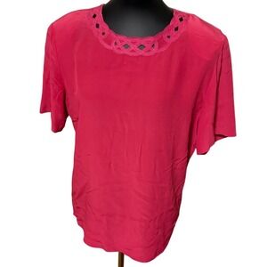 Tess Womens 100% Silk Short Sleeve Blouse Pink Lattice Neck Detail Size S